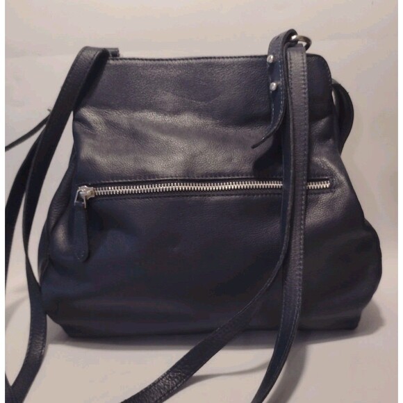 Garnet Hill Italian Genuine Leather Navy Blue Shoulder Bag 3 Compartments - Picture 1 of 14